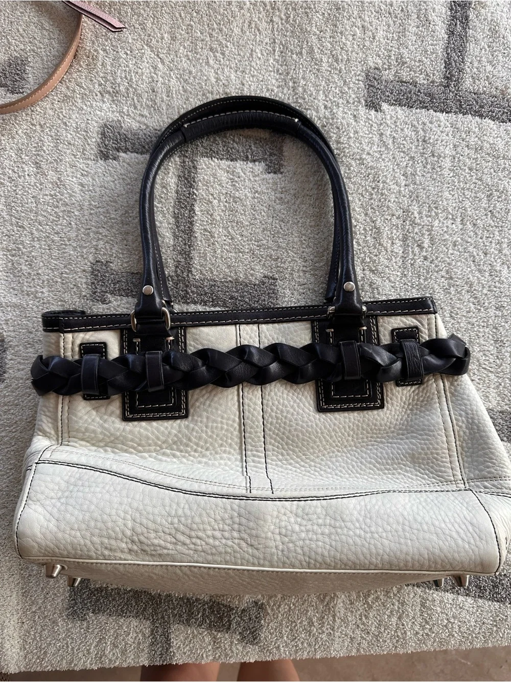 Coach White Leather Tote with Black Trim and Braided Accent